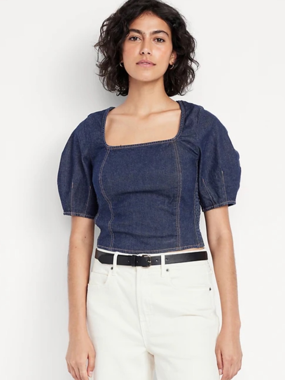 Old Navy Dark Blue Denim Square Neckline Top Sz Medium 
Casual